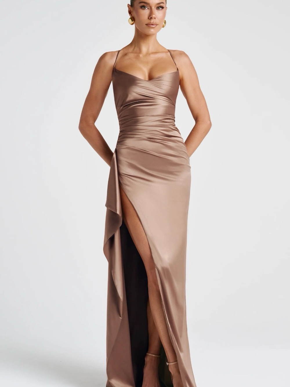 Satin Draped Maxi Gown in Taupe